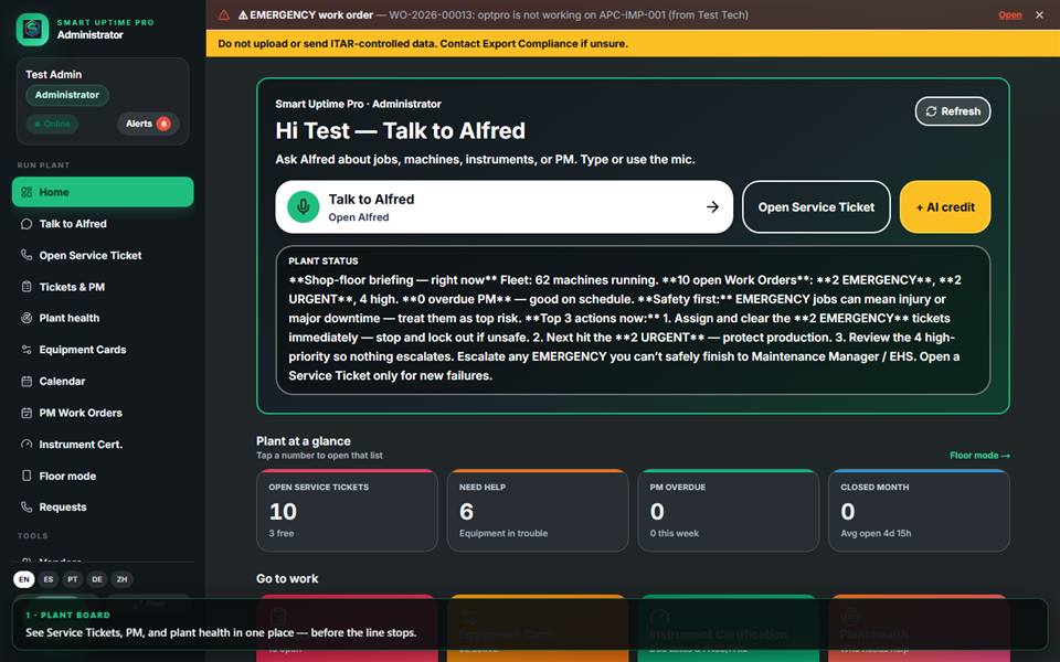 Smart Uptime Pro plant dashboard preview